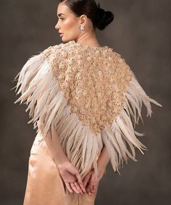Peach plain silk skirt with embroidered blouse and cape 2