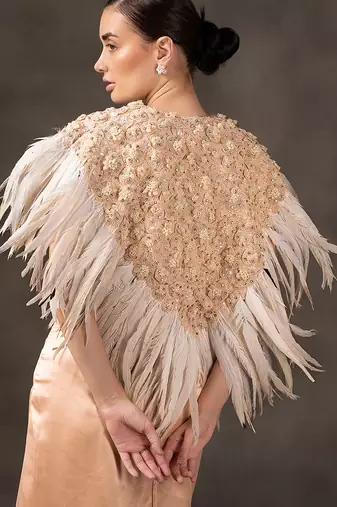 Peach plain silk skirt with embroidered blouse and cape