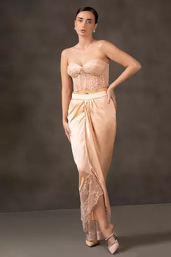 Peach plain silk skirt with embroidered blouse and cape