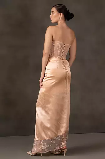 Peach plain silk skirt with embroidered blouse and cape