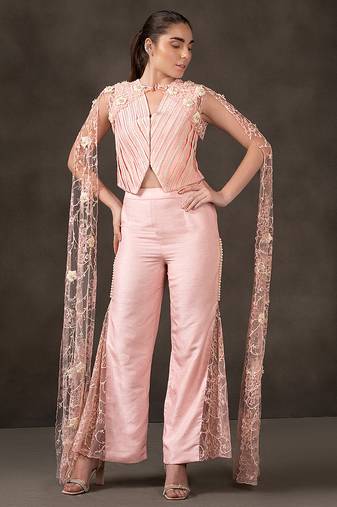 Baby pink embroidered co ord set with cape