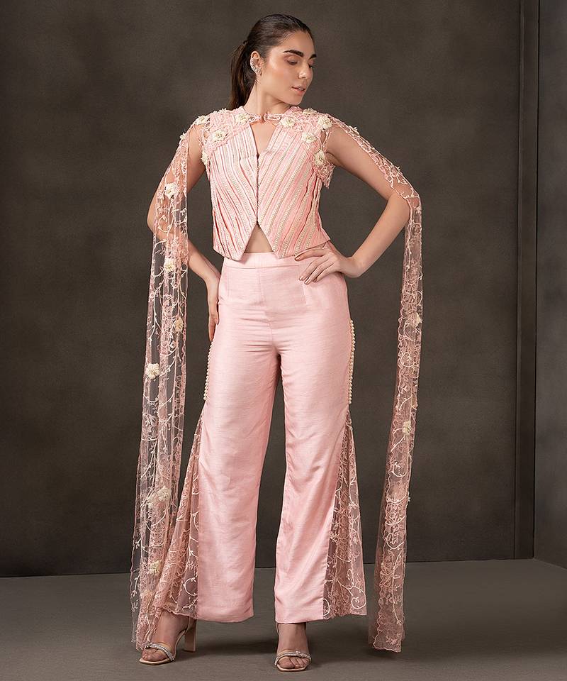 Baby pink embroidered co ord set with cape