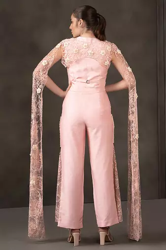 Baby pink embroidered co ord set with cape