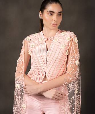 Baby pink embroidered co ord set with cape 3