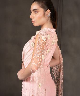 Baby pink embroidered co ord set with cape 4