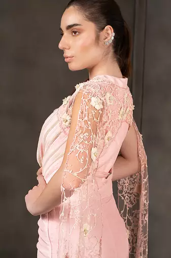 Baby pink embroidered co ord set with cape