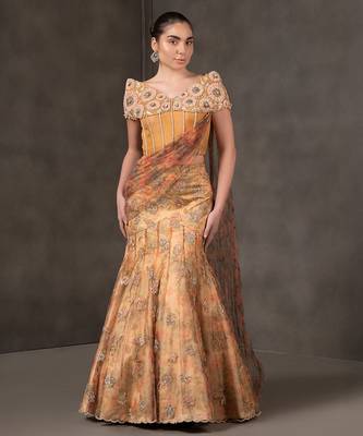 Mustard embroidered organza Lehenga 1