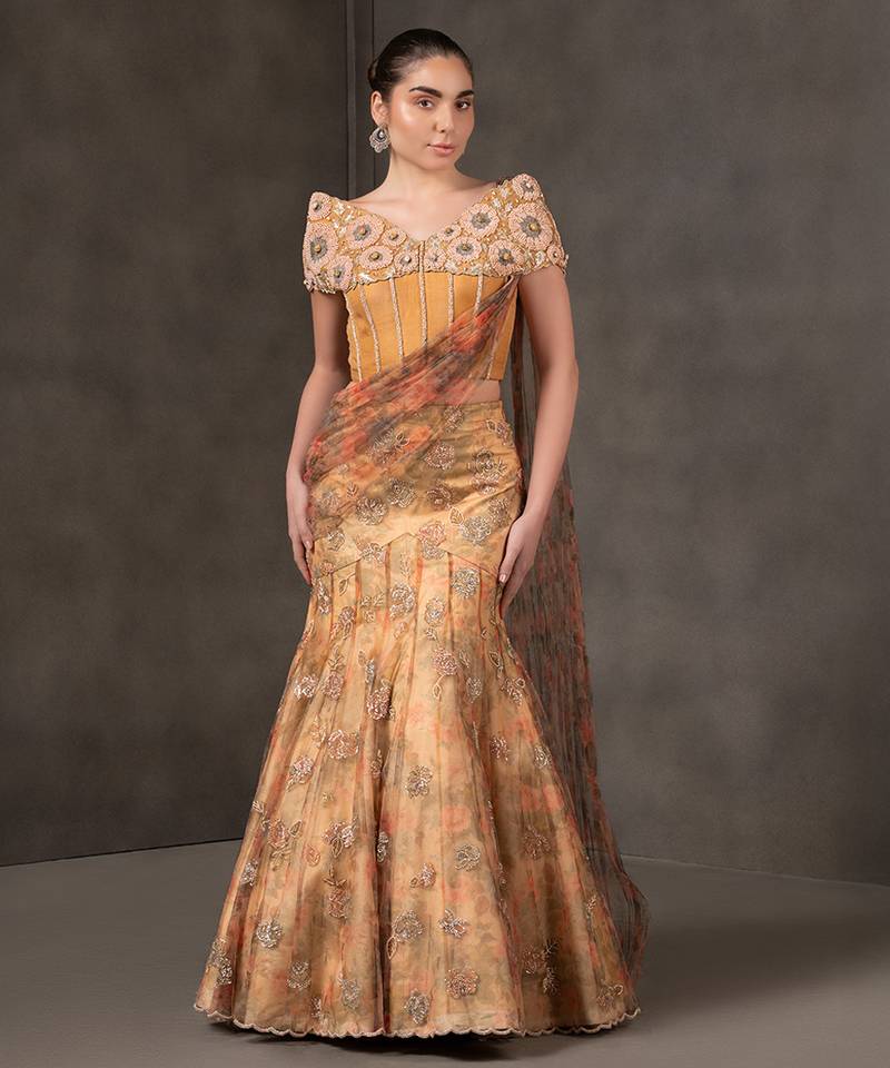Mustard embroidered organza Lehenga