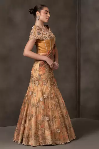 Mustard embroidered organza Lehenga