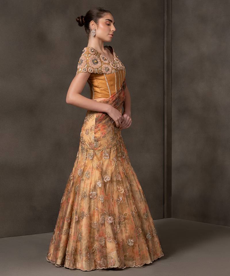 Mustard embroidered organza Lehenga