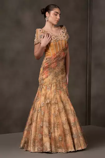 Mustard embroidered organza Lehenga