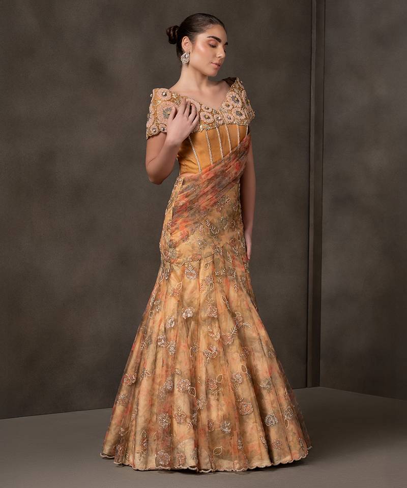 Mustard embroidered organza Lehenga