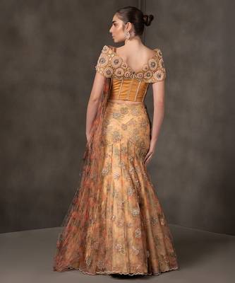Mustard embroidered organza Lehenga 4