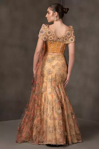 Mustard embroidered organza Lehenga
