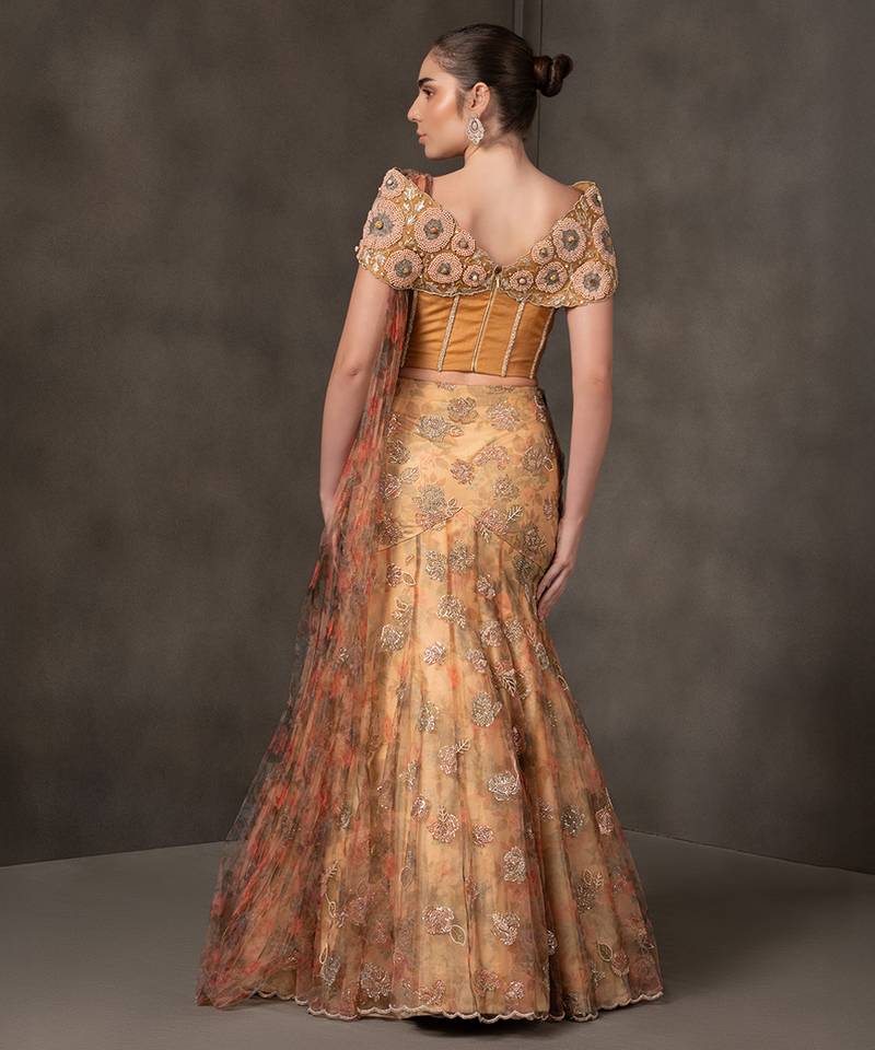 Mustard embroidered organza Lehenga