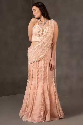 Peach embroidered organza Lehenga