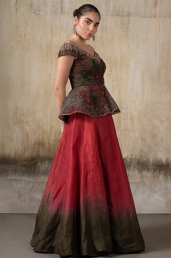 Pink and Green embroidered organza Lehenga