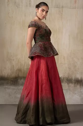 Pink and Green embroidered organza Lehenga