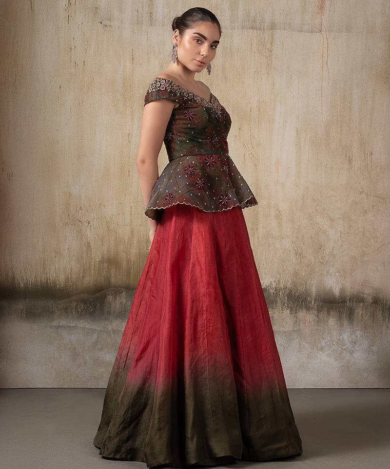 Pink and Green embroidered organza Lehenga