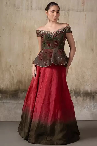 Pink and Green embroidered organza Lehenga