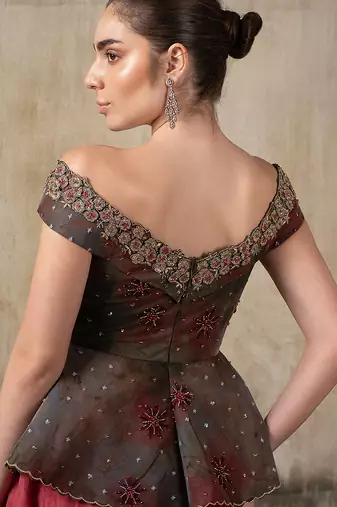 Pink and Green embroidered organza Lehenga