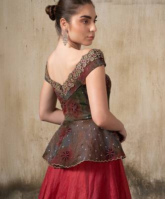 Pink and Green embroidered organza Lehenga 4