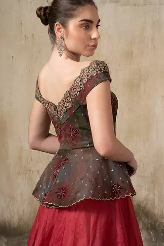 Pink and Green embroidered organza Lehenga