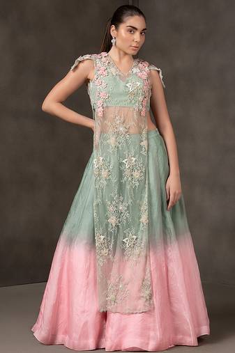 blue and Pink embroidered organza Lehenga