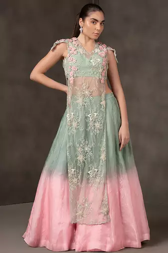 blue and Pink embroidered organza Lehenga