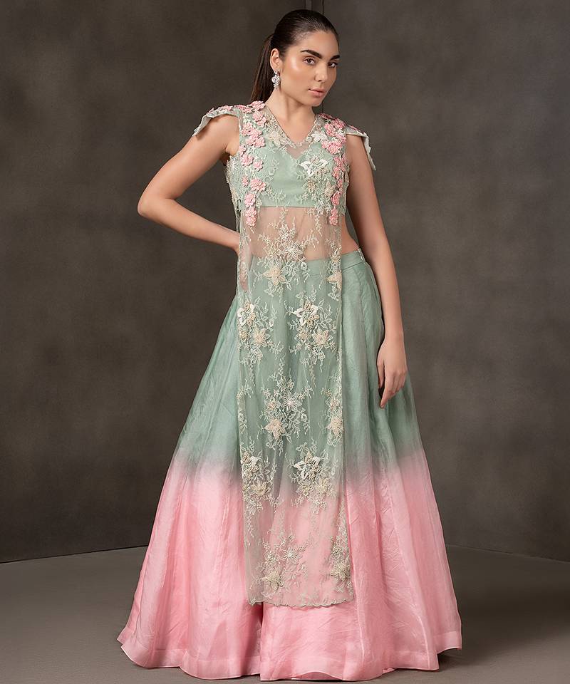 blue and Pink embroidered organza Lehenga