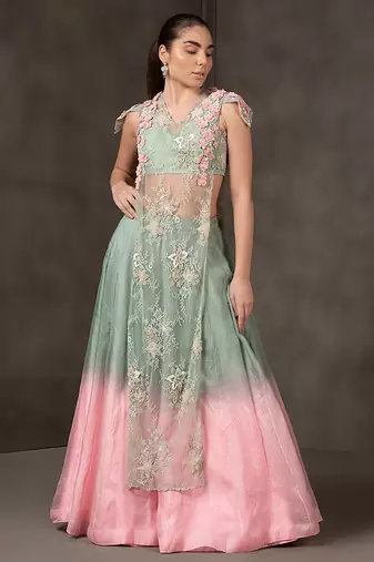 blue and Pink embroidered organza Lehenga