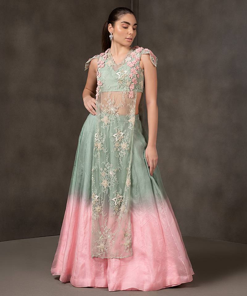 blue and Pink embroidered organza Lehenga