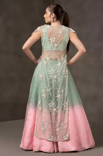 blue and Pink embroidered organza Lehenga