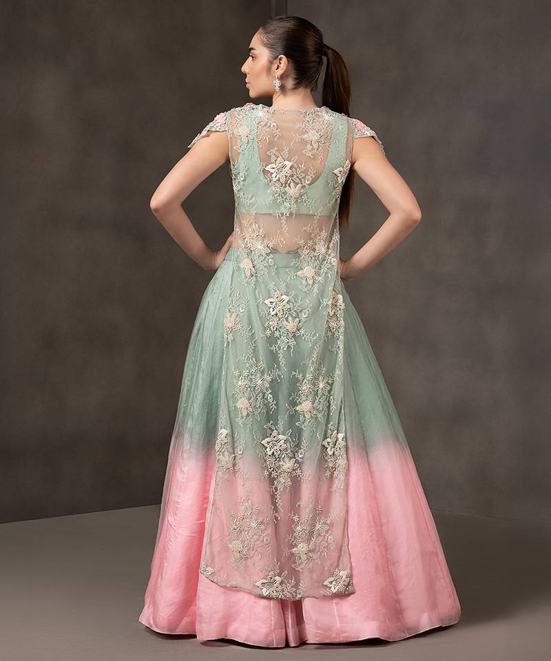blue and Pink embroidered organza Lehenga