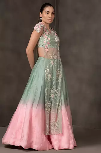 blue and Pink embroidered organza Lehenga