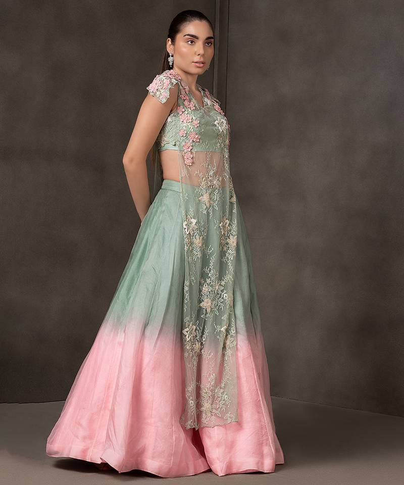 blue and Pink embroidered organza Lehenga