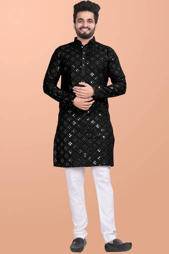 Black cotton mirror work straight men's kurta pyjama