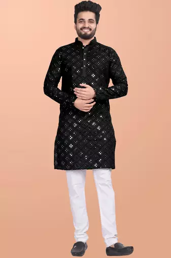 Black cotton mirror work straight men's kurta pyjama