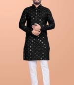 Black cotton mirror work straight men's kurta pyjama