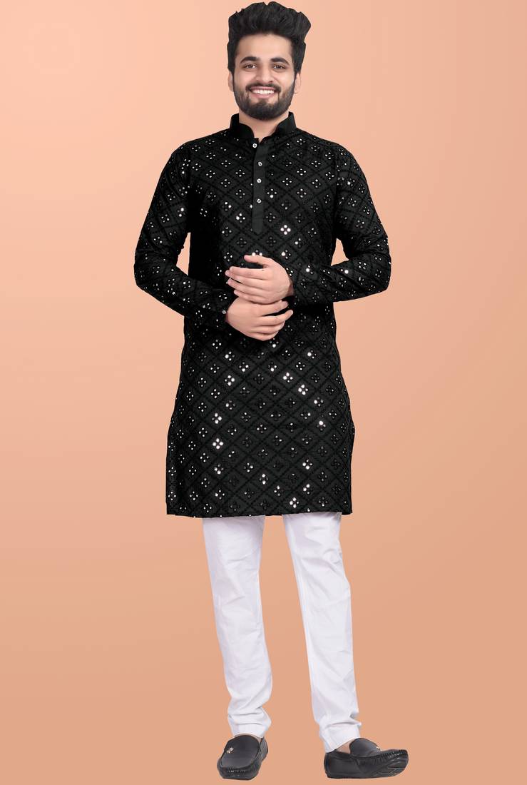 Black cotton mirror work straight men's kurta pyjama