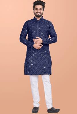 Blue cotton mirror work straight men's kurta pyjama 1