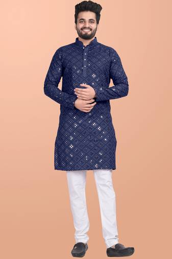 Blue cotton mirror work straight men's kurta pyjama
