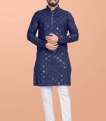 Blue cotton mirror work straight men's kurta pyjama