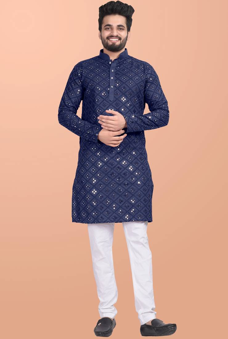 Blue cotton mirror work straight men's kurta pyjama
