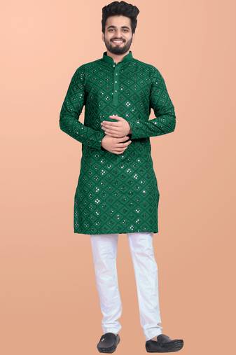 Green cotton mirror work straight men's kurta pyjama