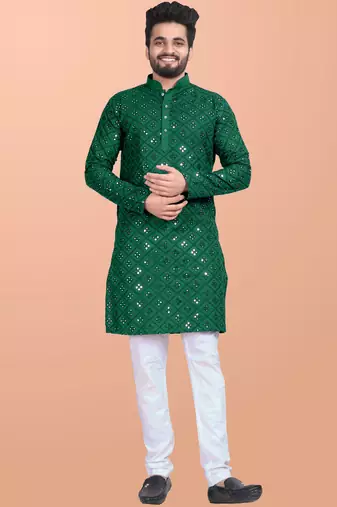 Green cotton mirror work straight men's kurta pyjama