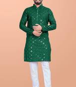 Green cotton mirror work straight men's kurta pyjama