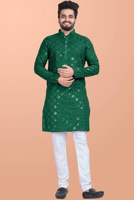 Green cotton mirror work straight men's kurta pyjama 3
