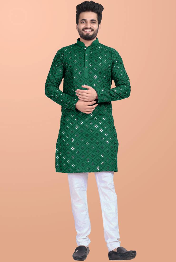 Green cotton mirror work straight men's kurta pyjama