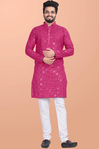 Pink cotton mirror work straight men's kurta pyjama